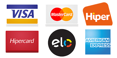 Aceitamos Visa, Mastercard, Hiper, Hipercard, Elo e American Express