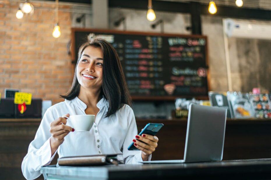 Imagem de mulher com café para ilustrar conteúdo sobre tradução de cardápios para cafeterias.